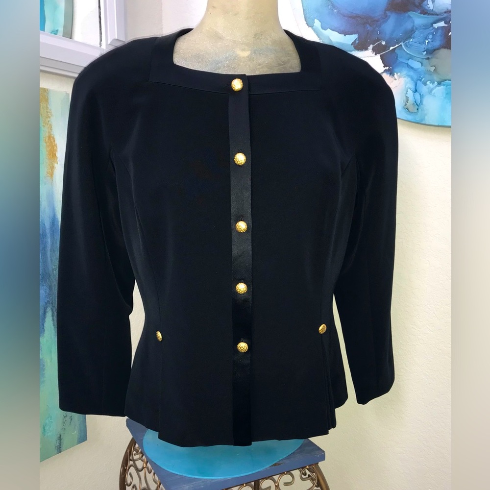 Nipon Petites Boutique Black Blazer Satin Trim Gold Buttons Classy Elegant SZ 12